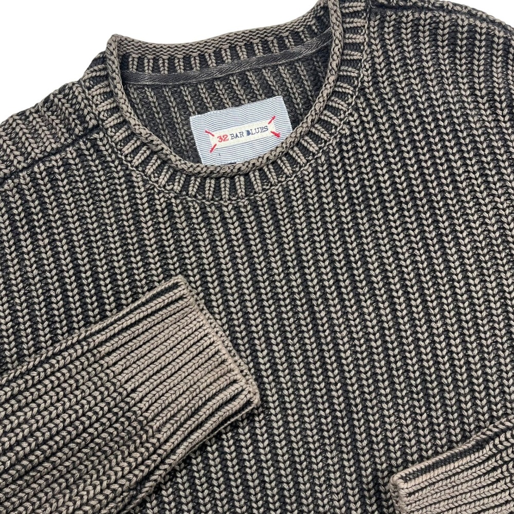 32 Bar Blues  Ribbed Heavy Knit Pullover Sweater Mens 2X Brown Crewneck *Flaw